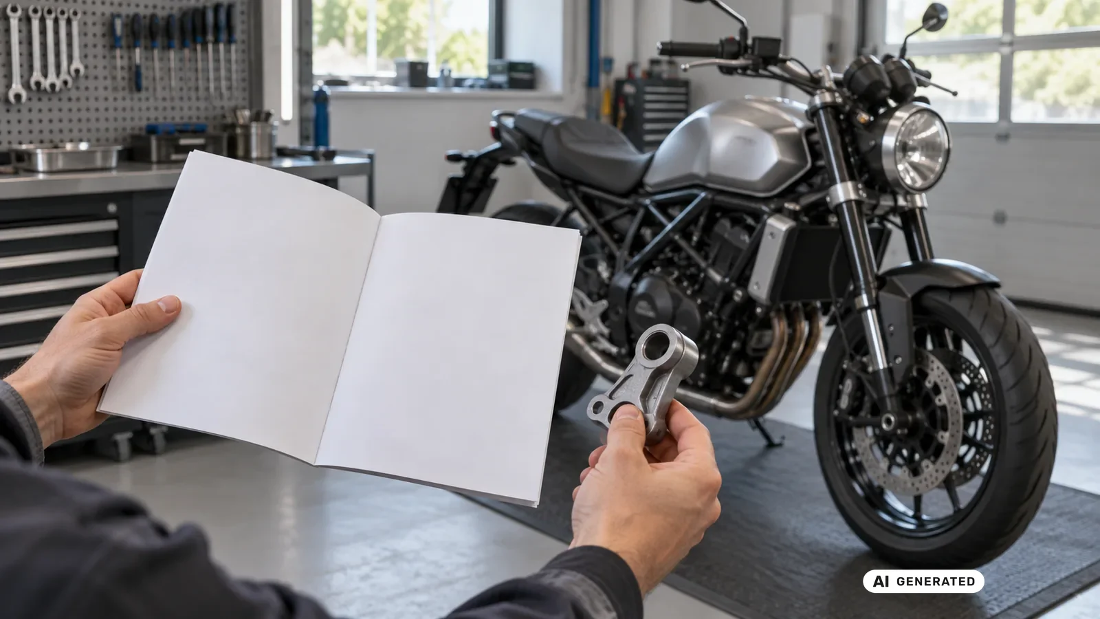 Dokumenten- und Bauteilabgleich für den Beitrag Ducati Monster 821 2014–2020; Schrift und persönliche Daten sind nicht lesbar. — KI-generierte Szene, redaktionell geprüft