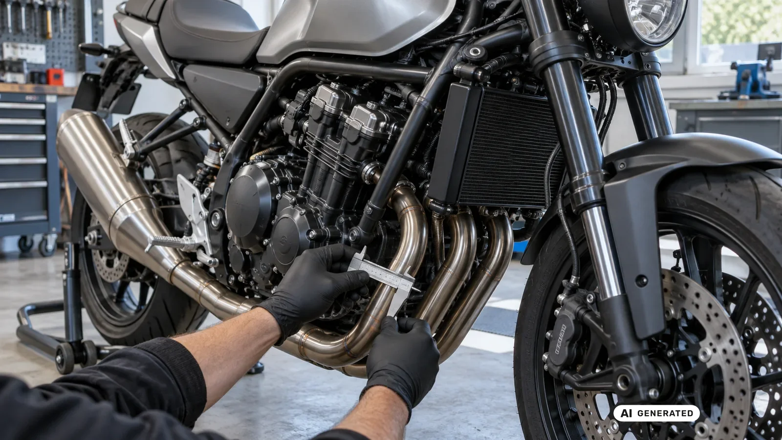 Technische Detailprüfung zum Thema Homologierter Auspuff gegen Racing-Kit an einer neutralen Fahrzeugdarstellung für Ducati Monster 821 2014–2020. — KI-generierte Szene, redaktionell geprüft