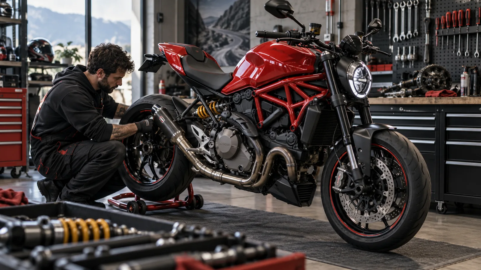 Ducati Monster 821 2014–2020 legal tunen: Mechaniker begutachtet Anbauteile an dem Motorrad in der Werkstatt. KI-generiertes Symbolbild · redaktionell geprüft.
