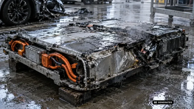 Beschädigter und durchnässter Hochvolt-Akkublock eines Elektrofahrzeugs nach einem Unfall. KI-generiertes Symbolbild · redaktionell geprüft.