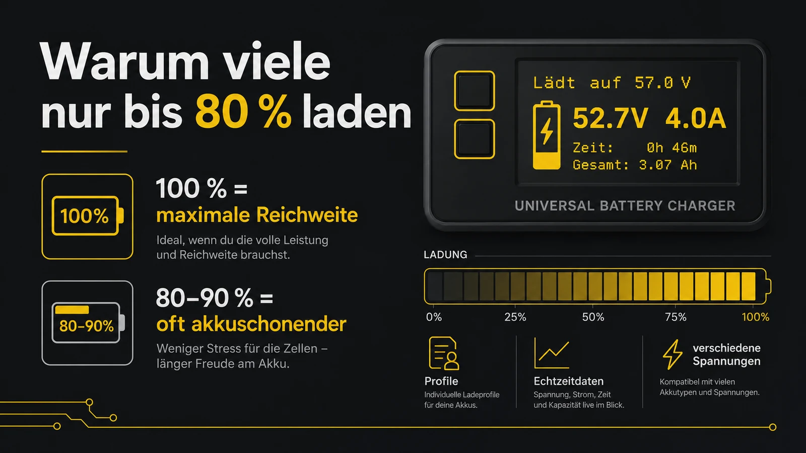 Erklärgrafik zum Ladeverhalten: 100 Prozent bedeutet maximale Reichweite, 80 bis 90 Prozent sind oft akkuschonender