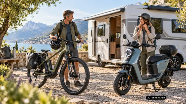 Paar am Wohnmobil, links ein E-Bike, rechts ein sitzender Elektroroller vor Bergsee. KI-generiertes Symbolbild · redaktionell geprüft.