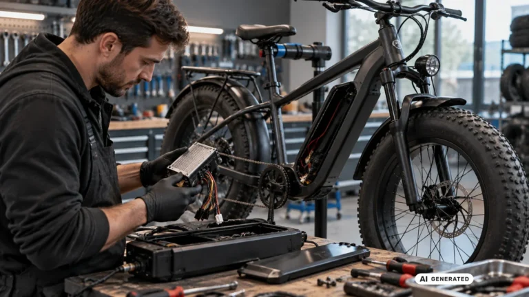 Geöffnetes Akkufach und Controller eines E-Fatbikes in der Werkstatt. KI-generiertes Symbolbild · redaktionell geprüft.