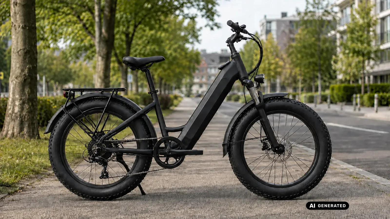 E-Fatbike mit breiten Reifen am Straßenrand. KI-generiertes Symbolbild · redaktionell geprüft.