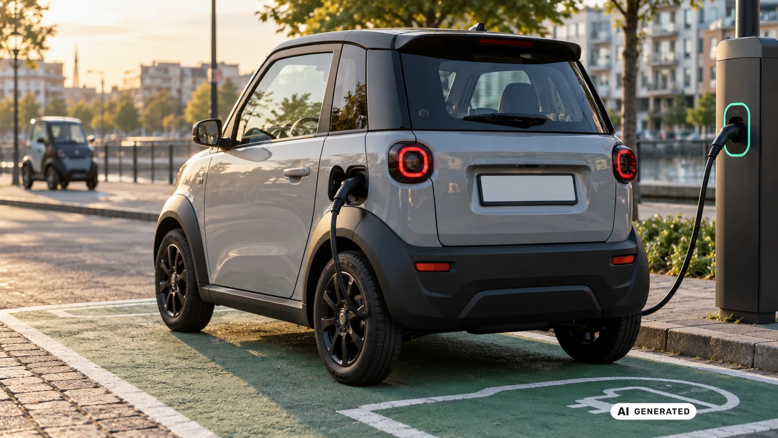 Microcar auf einem markierten E-Ladeparkplatz beim Laden. KI-generiertes Symbolbild · redaktionell geprüft.