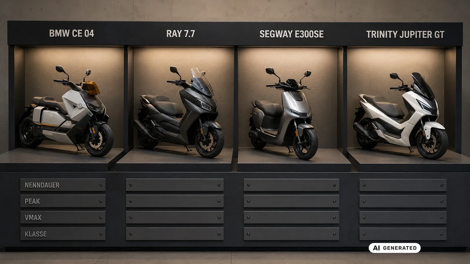 Vier E-Maxi-Roller im Vergleich: BMW CE 04, RAY 7.7, Segway E300SE und TRINITY Jupiter GT. KI-generiertes Symbolbild · redaktionell geprüft.