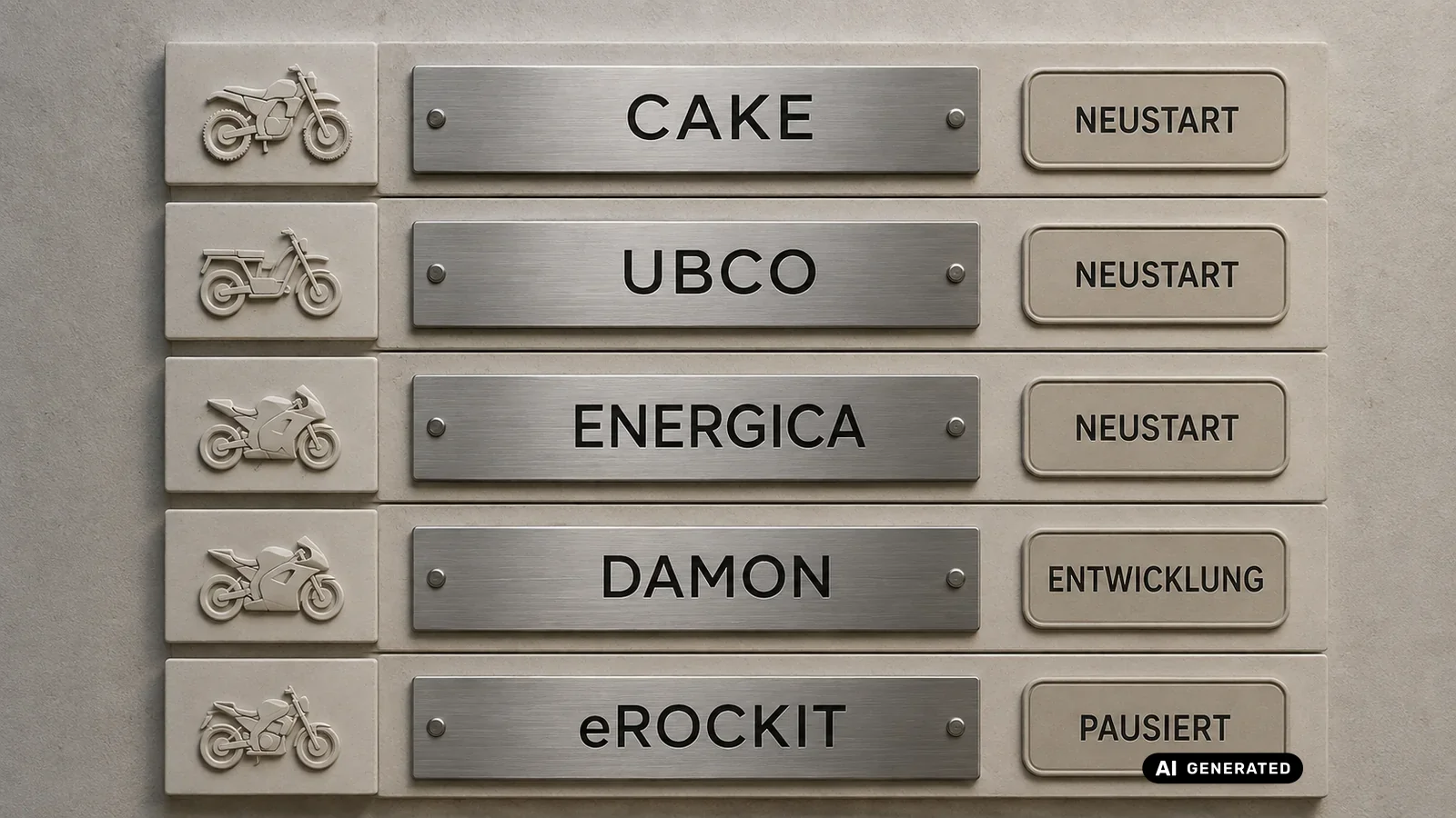 Statusuebersicht CAKE, UBCO, Energica, Damon und eROCKIT mit Labels Neustart, Entwicklung oder pausiert. KI-generiertes Symbolbild · redaktionell geprüft.
