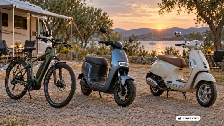 KI-generiertes Symbolbild: E-Bike, sitzender E-Roller und Benzinroller nebeneinander vor einem Wohnmobil als Kostenvergleich der Antriebsarten.