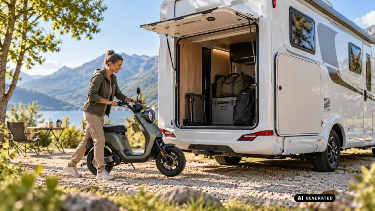 Frau schiebt einen Elektroroller zur geoeffneten Heckgarage eines Wohnmobils am Bergsee. KI-generiertes Symbolbild · redaktionell geprüft.
