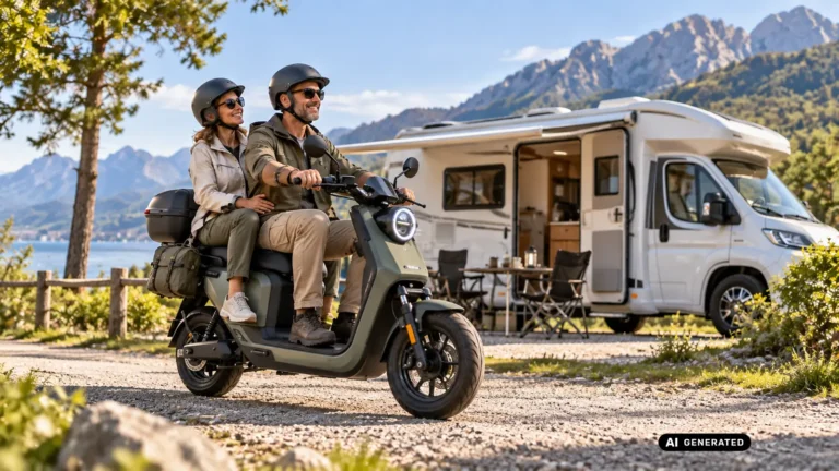 Zwei Personen fahren gemeinsam auf einem Elektroroller, dahinter Wohnmobil und Bergsee. KI-generiertes Symbolbild · redaktionell geprüft.