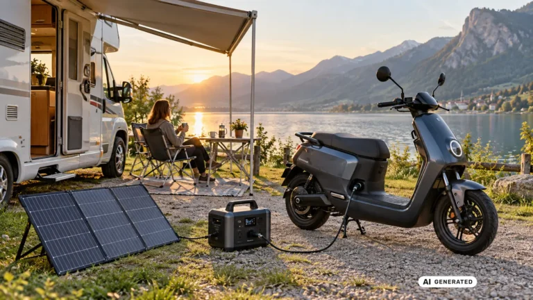 Sitzender Elektroroller laedt am Stellplatz ueber eine Powerstation, die an einem Solarmodul haengt. KI-generiertes Symbolbild · redaktionell geprüft.