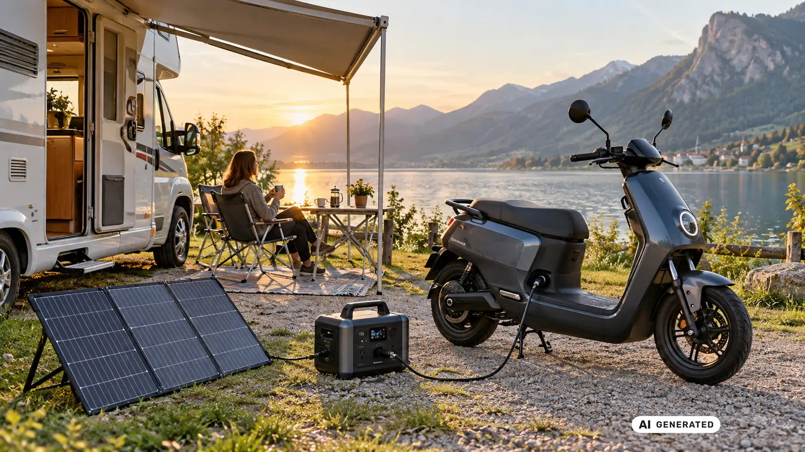 Sitzender Elektroroller laedt am Stellplatz ueber eine Powerstation, die an einem Solarmodul haengt. KI-generiertes Symbolbild · redaktionell geprüft.