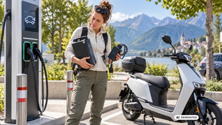 Frau traegt den herausgenommenen Akku und das Ladegeraet eines Elektrorollers zu einer Ladesaeule. KI-generiertes Symbolbild · redaktionell geprüft.