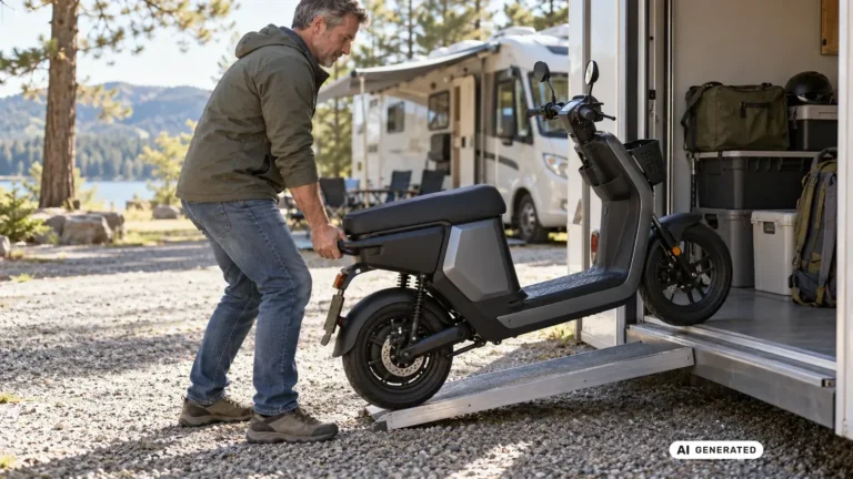 KI-generiertes Symbolbild: eine Person schiebt einen sitzenden E-Roller allein über eine Rampe in die Heckgarage eines Wohnmobils.