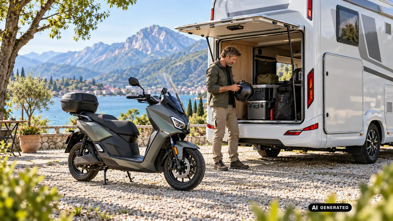 Mann mit Helm an der geoeffneten Heckgarage eines Wohnmobils, daneben ein sitzender Elektroroller am See. KI-generiertes Symbolbild · redaktionell geprüft.