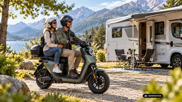 Zwei Personen mit Helm auf einem sitzenden Elektroroller vor einem Wohnmobil am Bergsee. KI-generiertes Symbolbild · redaktionell geprüft.