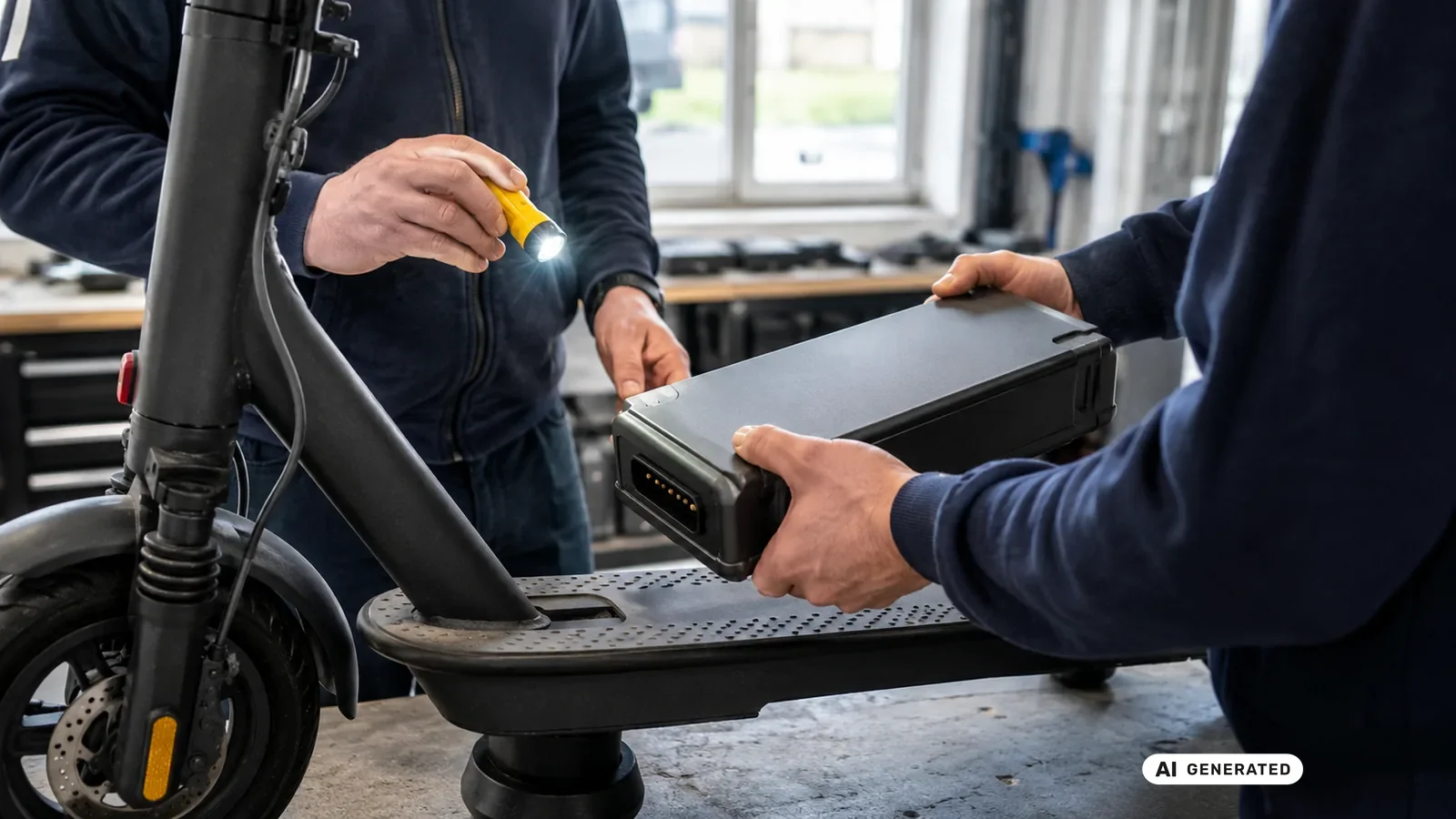 Käufer und Verkäufer prüfen gemeinsam einen geschlossenen E-Scooter-Akku — KI-generierte Szene, redaktionell geprüft