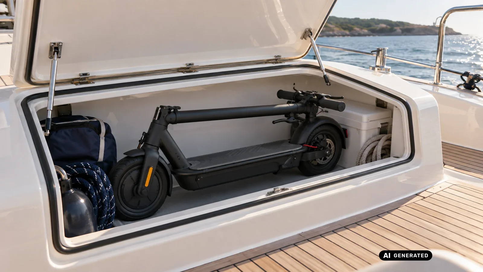 Ein zusammengeklappter E-Scooter liegt sicher verstaut in der geöffneten Backskiste einer Yacht neben Fendern und einer Tasche