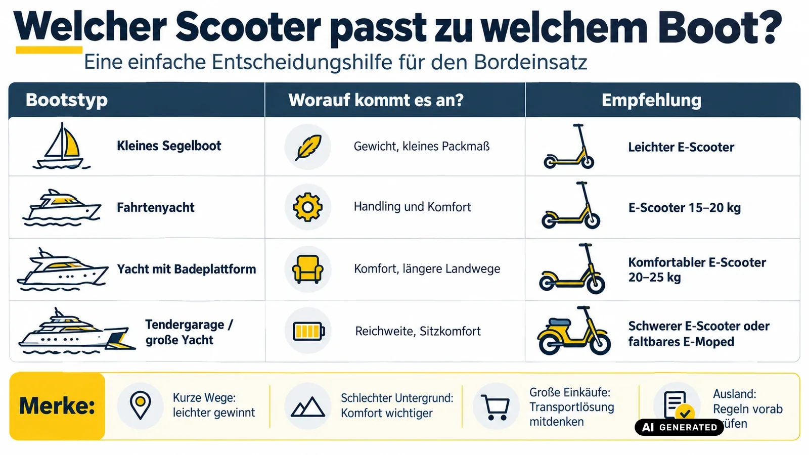 Infografik: Welcher E-Scooter passt zu welchem Bootstyp – Segelboot, Fahrtenyacht, Yacht mit Badeplattform und Tendergarage im Vergleich
