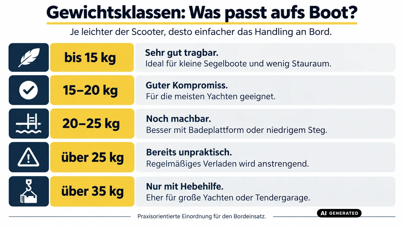 Infografik: Gewichtsklassen für E-Scooter fürs Boot – bis 15 kg sehr gut tragbar, 15 bis 20 kg guter Kompromiss, 20 bis 25 kg noch machbar, über 25 kg bereits unpraktisch, über 35 kg nur mit Hebehilfe