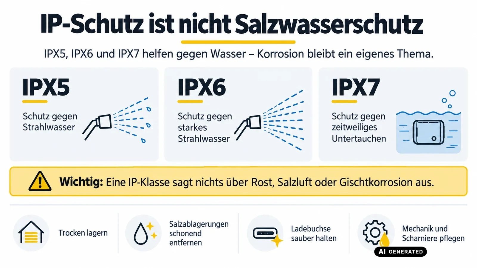 Infografik: IP-Schutz ist nicht Salzwasserschutz – IPX5, IPX6 und IPX7 im Vergleich mit Pflegehinweisen für E-Scooter an Bord