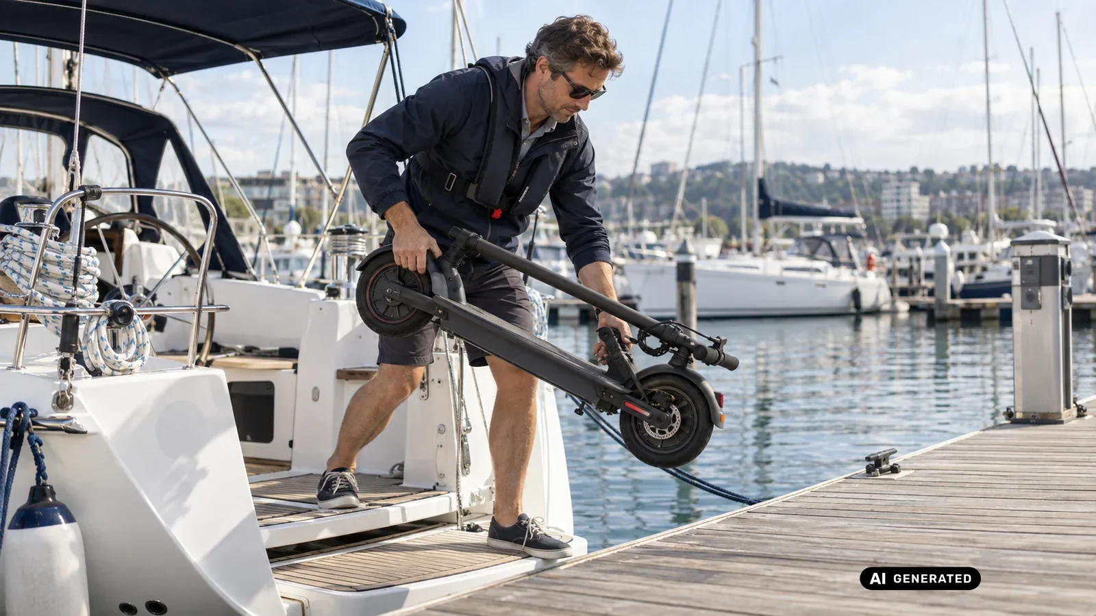 Ein Mann hebt einen zusammengeklappten E-Scooter über die Reling einer Segelyacht auf einen Steg in einer Marina