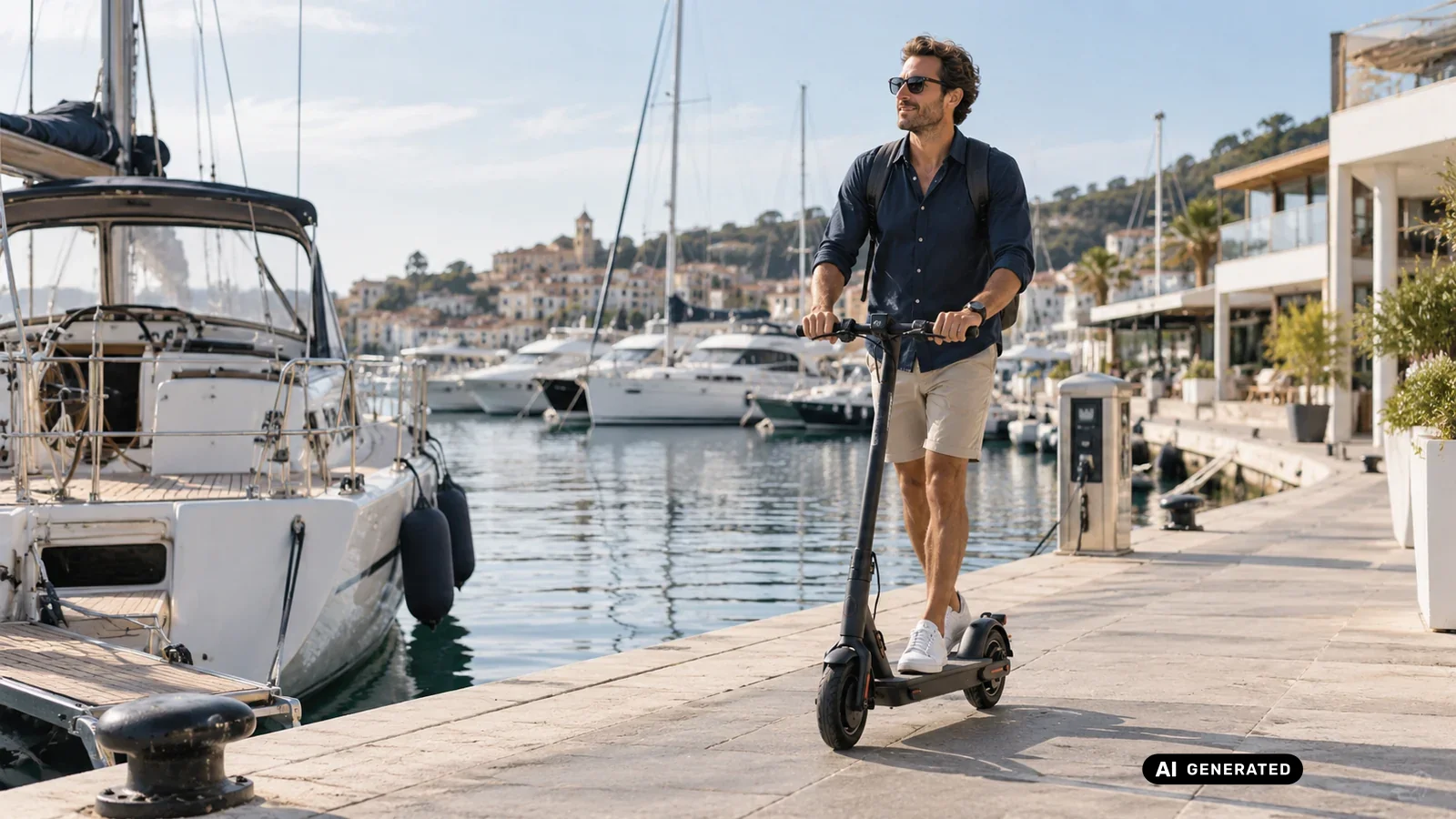 Ein Mann fährt mit einem zusammengeklappten E-Scooter auf einem Steg in einer Marina an Segelyachten vorbei