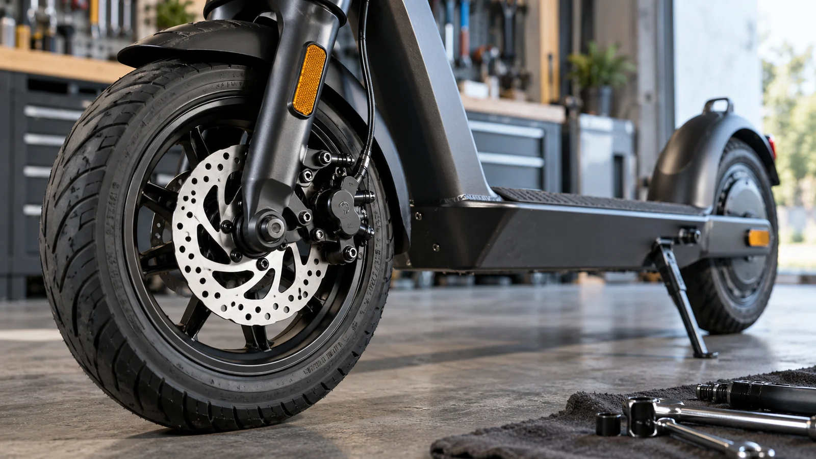 E-Scooter Bremssysteme erklärt: Scheibe, Trommel, E-ABS und Rekuperation. KI-generiertes Symbolbild · redaktionell geprüft.