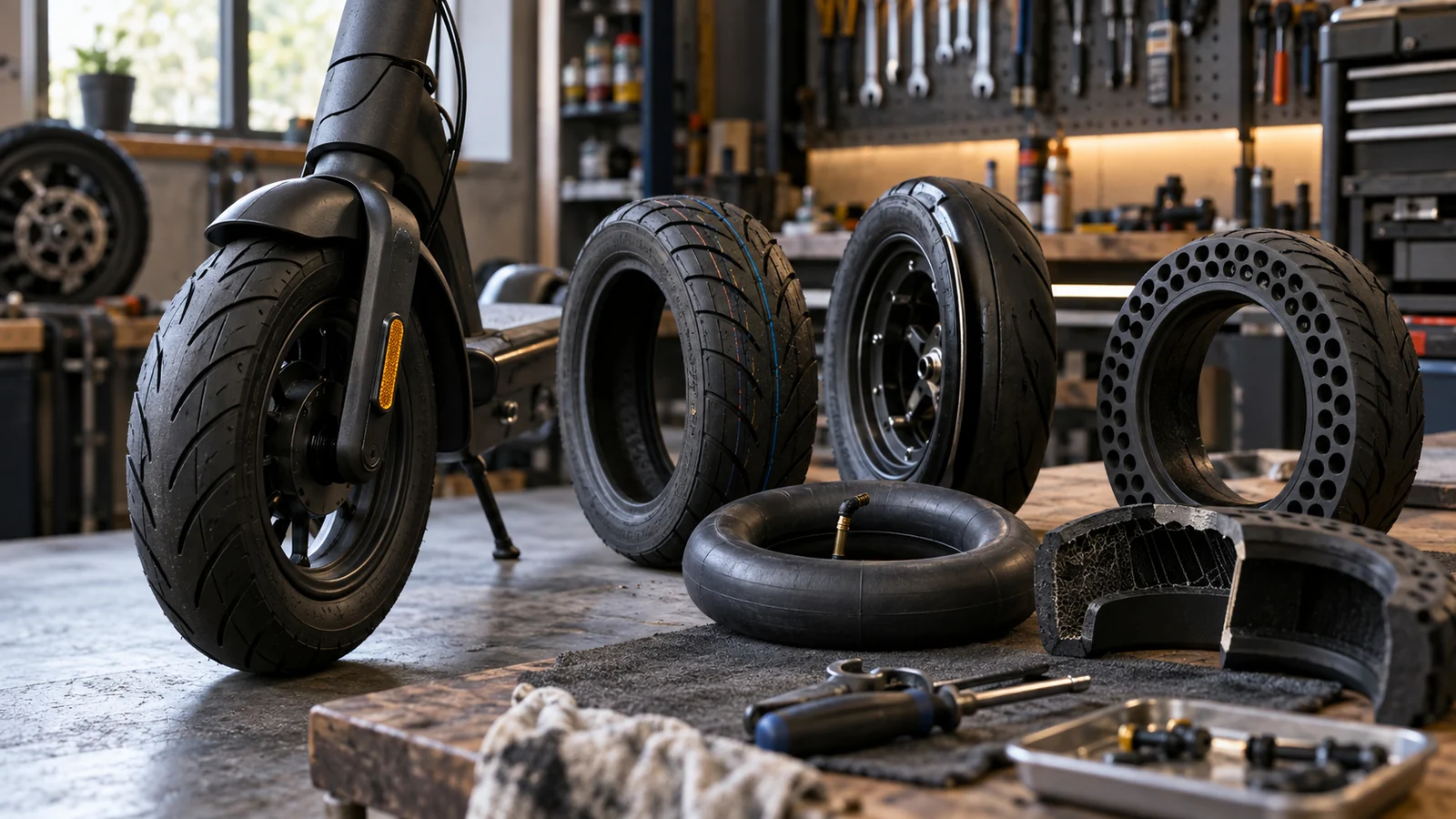 E-Scooter Reifen: Luftreifen, Tubeless & Vollgummi Vergleich. KI-generiertes Symbolbild · redaktionell geprüft.