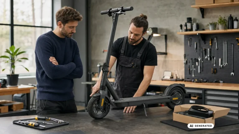 Kunde und Mechaniker begutachten einen E-Scooter in der Werkstatt. KI-generiertes Symbolbild · redaktionell geprüft.