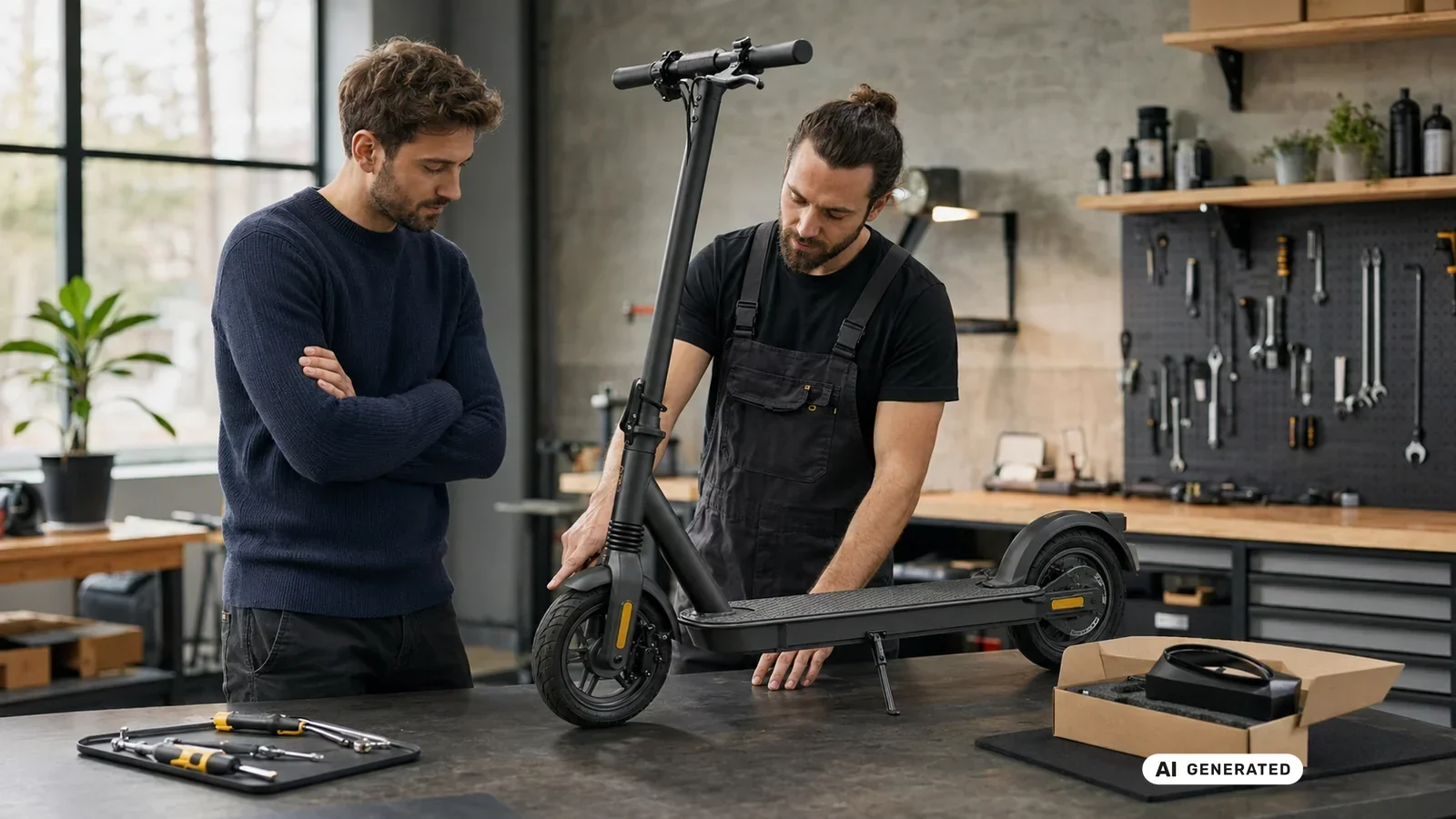Kunde und Mechaniker begutachten einen E-Scooter in der Werkstatt. KI-generiertes Symbolbild · redaktionell geprüft.