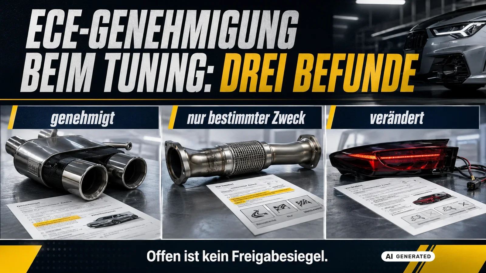 Drei Bauteilbefunde zur ECE-Genehmigung: genehmigt, nur bestimmter Zweck und nachträglich verändert. — KI-generierte Szene, redaktionell geprüft
