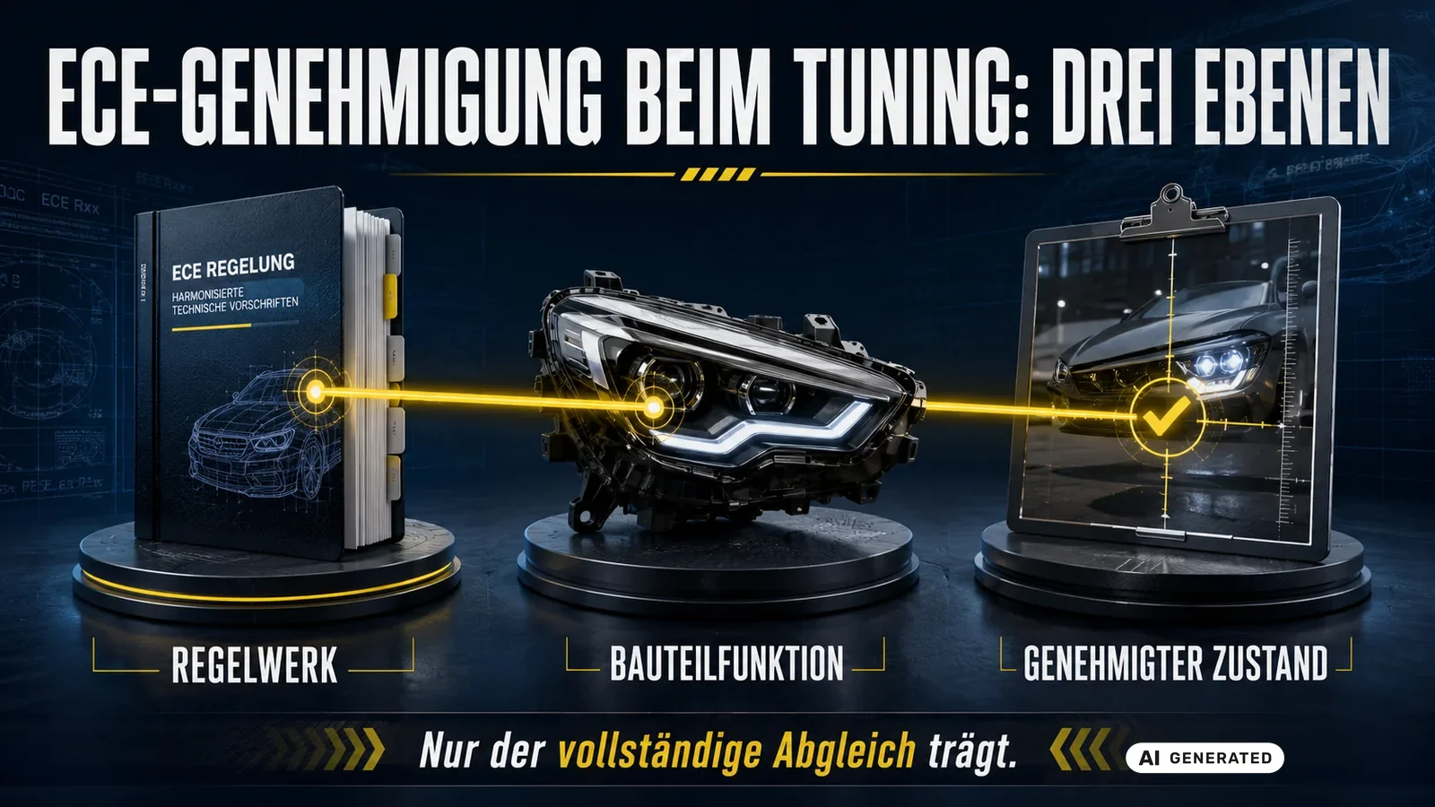 ECE-Genehmigung in drei Ebenen: Regelwerk, Bauteilfunktion und der genehmigte Zustand am Fahrzeug. — KI-generierte Szene, redaktionell geprüft