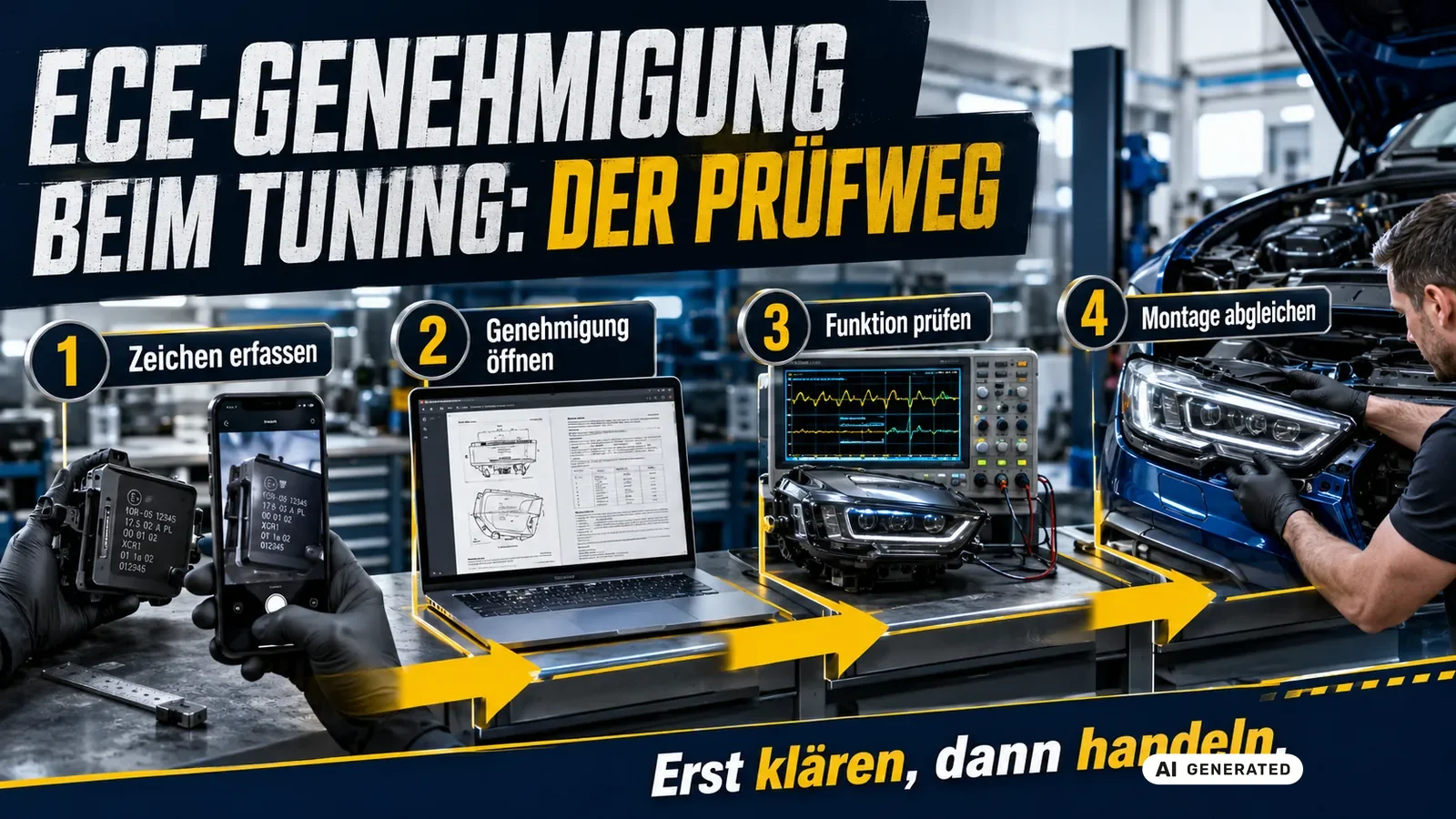 Vier Schritte zur ECE-Genehmigung: Zeichen erfassen, Genehmigung öffnen, Funktion prüfen, Montage abgleichen. — KI-generierte Szene, redaktionell geprüft
