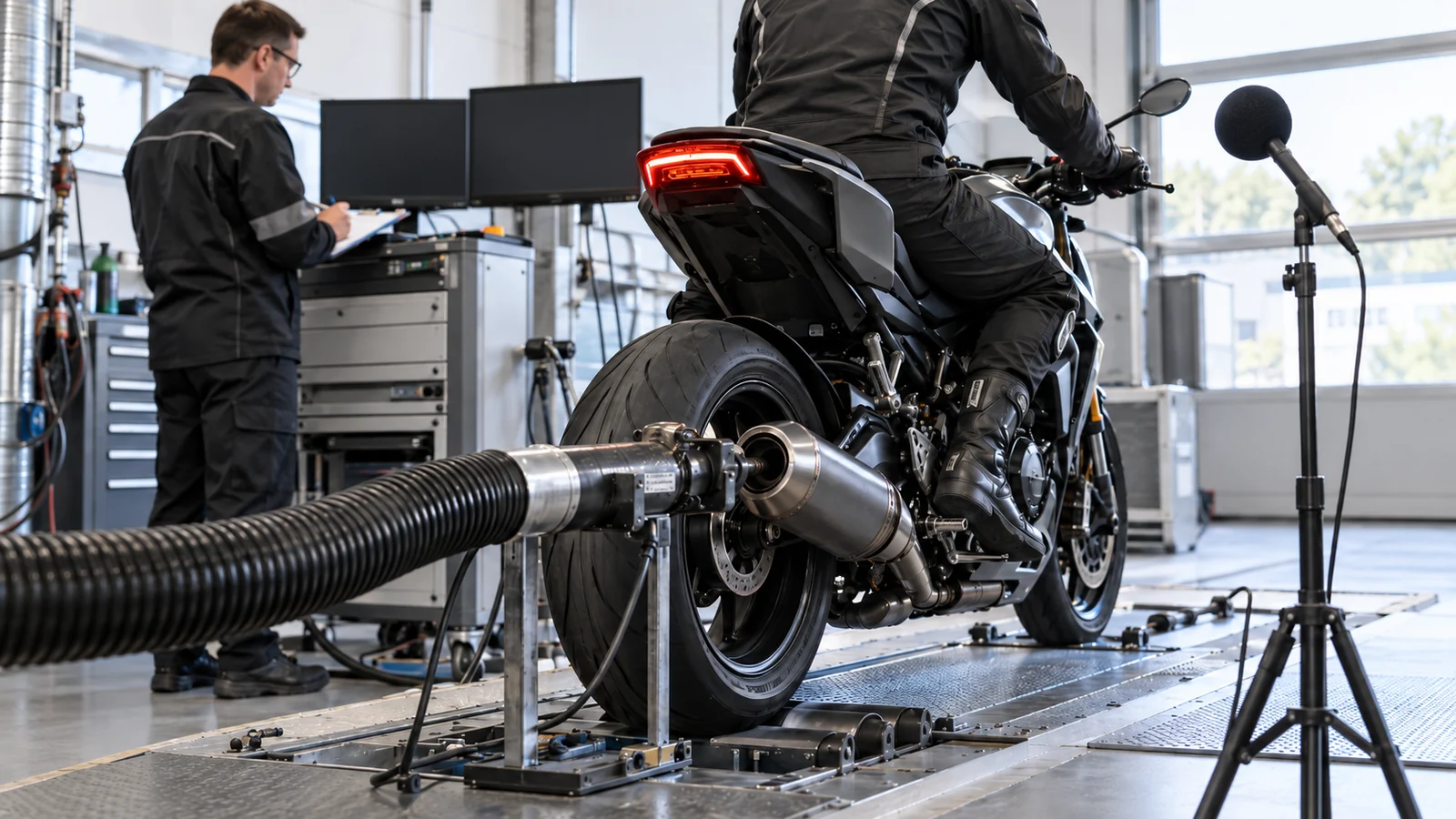Motorrad mit Fahrer auf dem Prüfstand, Abgasschlauch am Auspuff und Messmikrofon daneben. KI-generierte Szene · redaktionell geprüft.