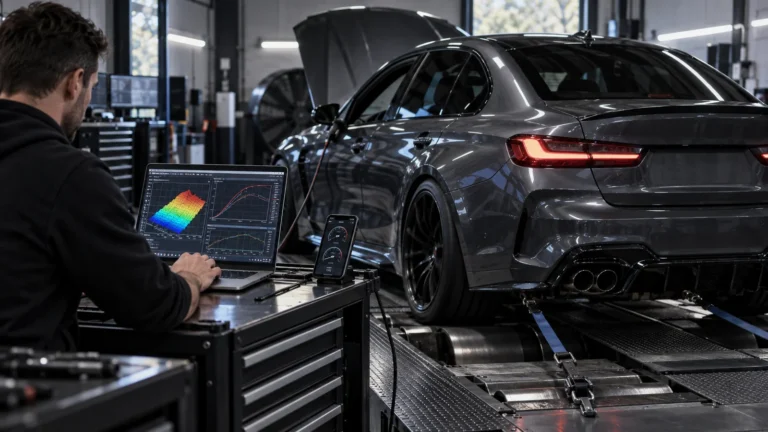 Tuner am Laptop mit dreidimensionalem Kennfeld und Leistungskurven, dahinter ein Sportwagen auf dem Rollenprüfstand. KI-generiertes Symbolbild · redaktionell geprüft.