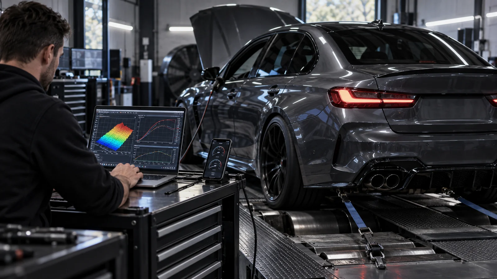 Tuner am Laptop mit dreidimensionalem Kennfeld und Leistungskurven, dahinter ein Sportwagen auf dem Rollenprüfstand. KI-generiertes Symbolbild · redaktionell geprüft.