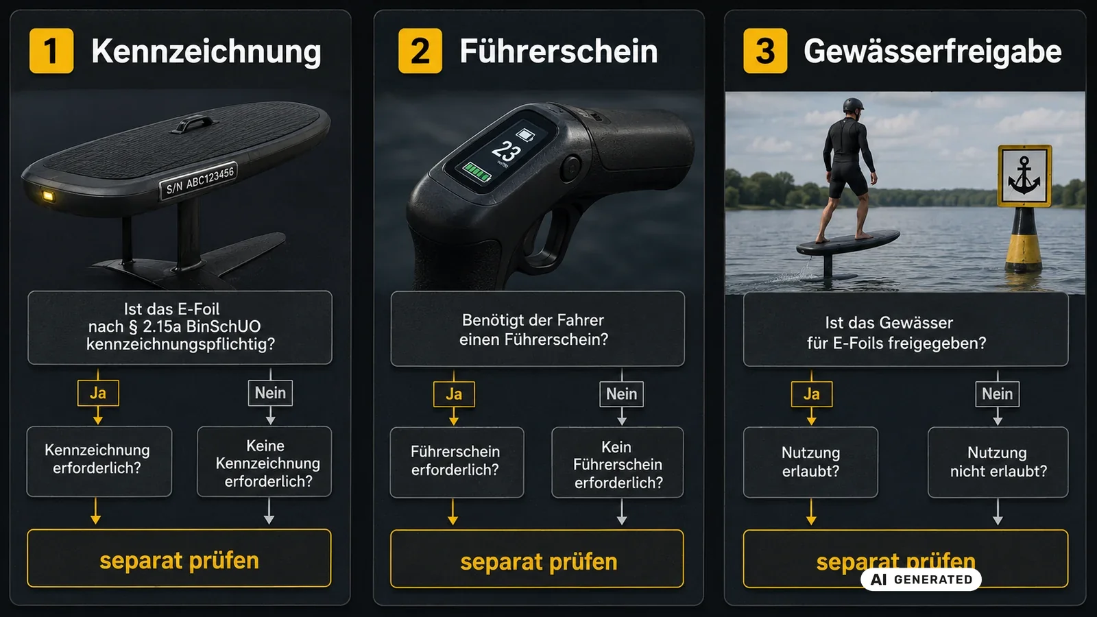 Schaubild der drei getrennten Prüfungen Kennzeichnung, Führerschein und Gewässerfreigabe. KI-generiertes Symbolbild · redaktionell geprüft.