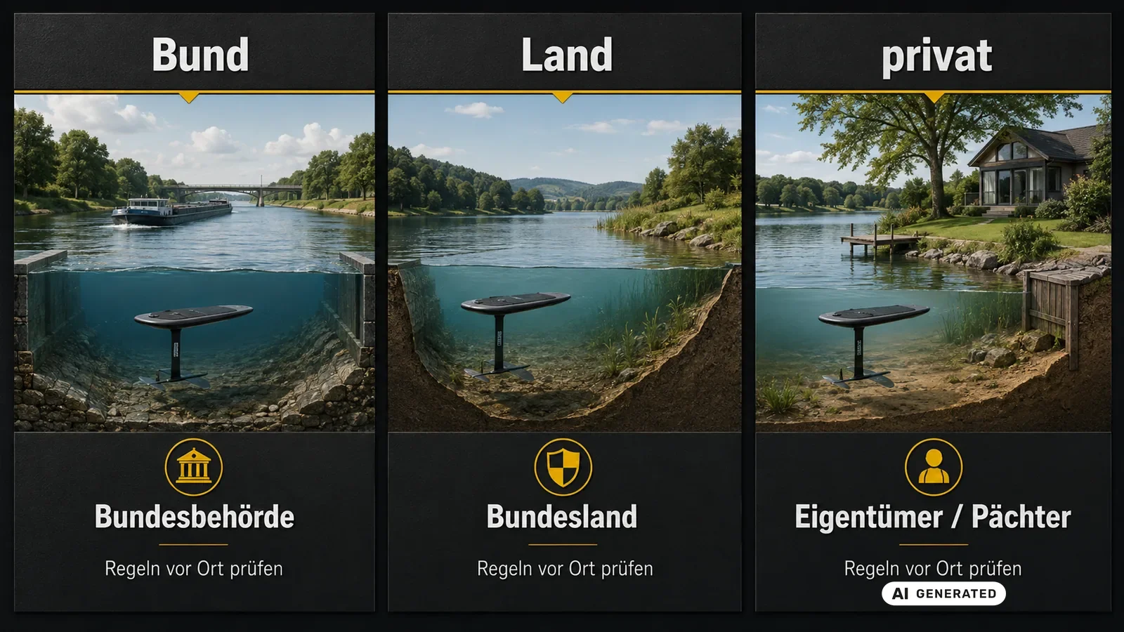 Schema der drei Gewässerkategorien Bund, Land und privat mit Zuständigkeiten. KI-generiertes Symbolbild · redaktionell geprüft.