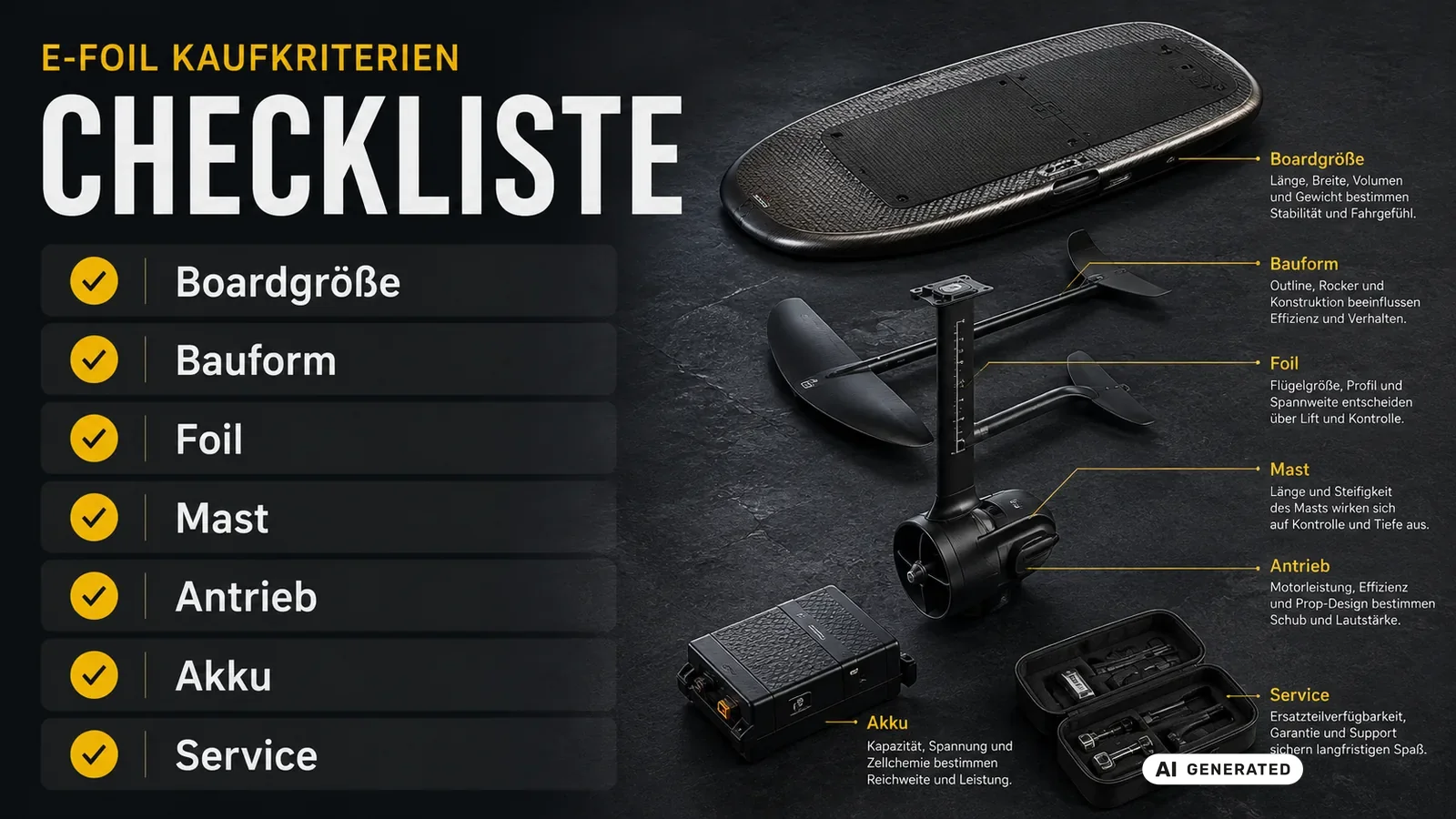Checkliste mit sieben eFoil-Kaufkriterien: Boardgröße, Bauform, Foil, Mast, Antrieb, Akku und Service. KI-generiertes Symbolbild · redaktionell geprüft.