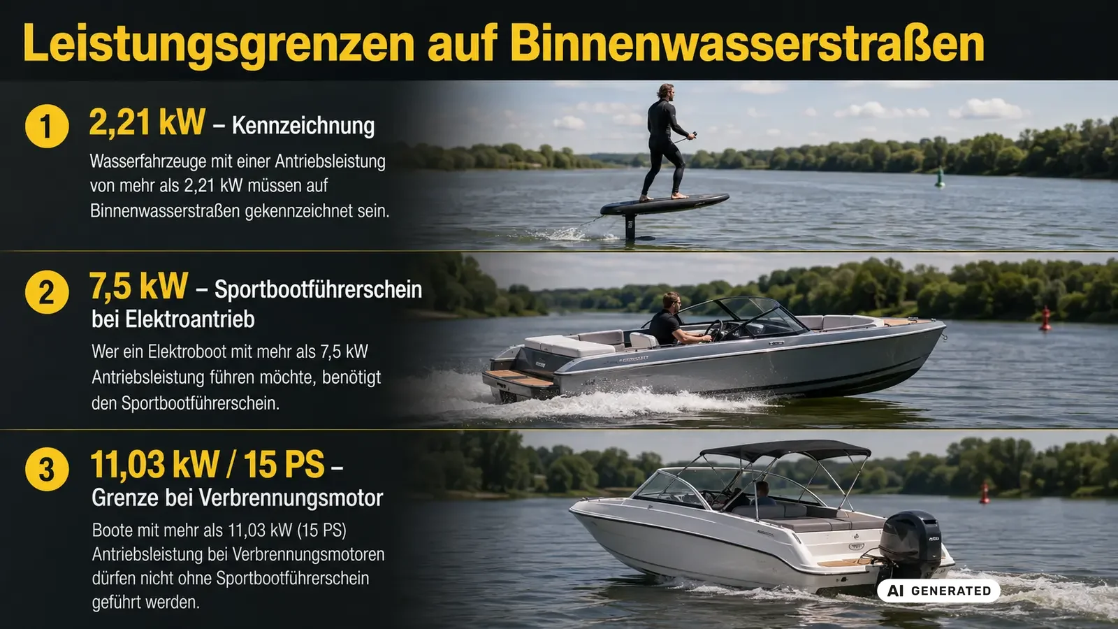 Grafik der Leistungsgrenzen 2,21 kW Kennzeichnung und 7,5 kW Führerschein beim eFoil. KI-generiertes Symbolbild · redaktionell geprüft.