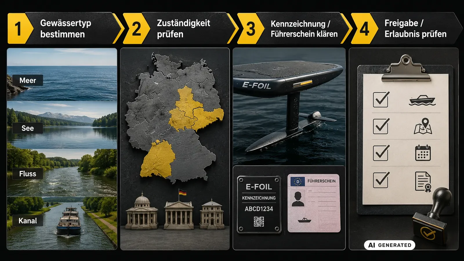 Ablaufgrafik der vierstufigen Gewässer-Prüfung vor der ersten eFoil-Fahrt. KI-generiertes Symbolbild · redaktionell geprüft.