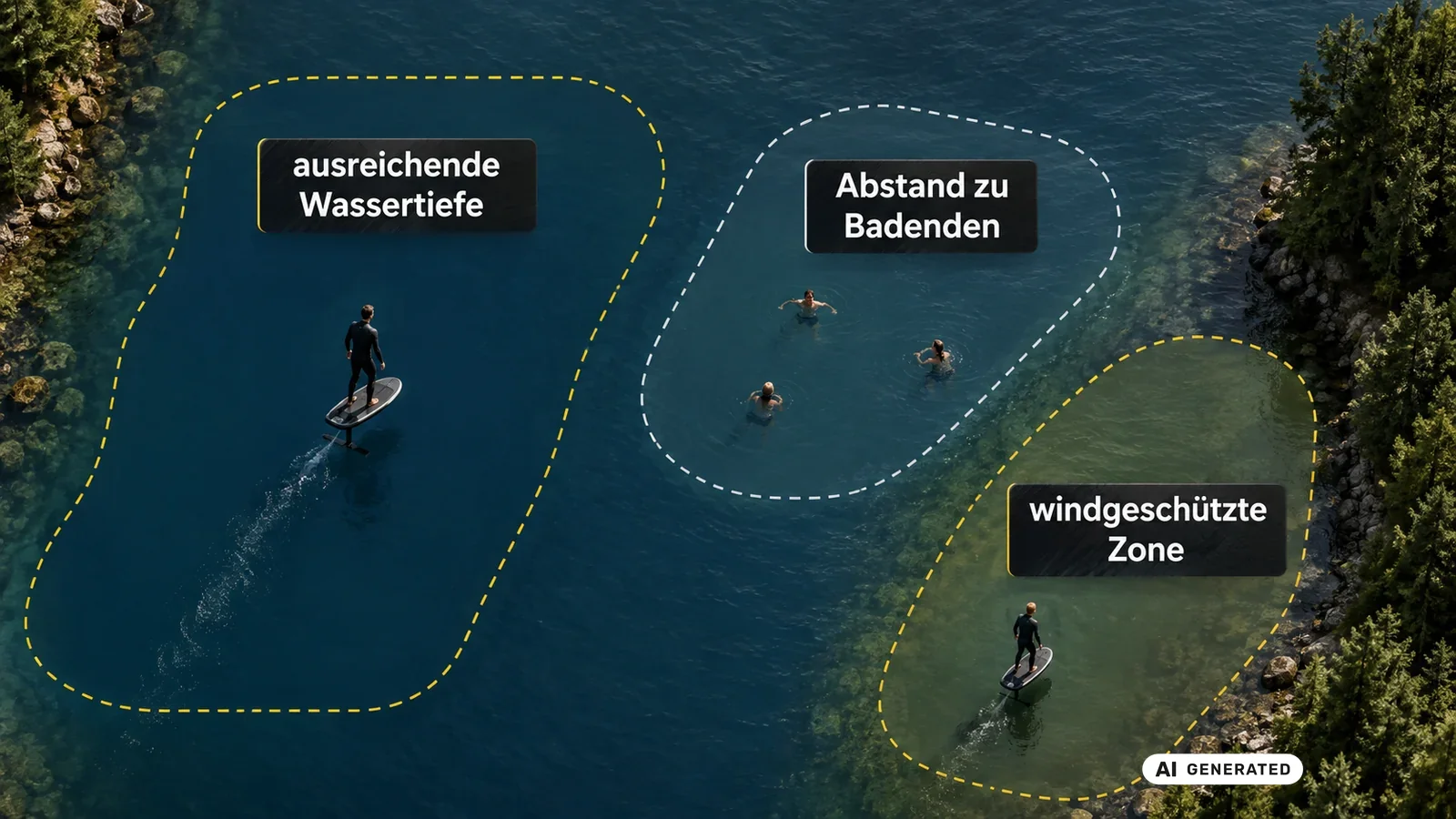 Sichere eFoil-Revierwahl: Wassertiefe, Abstand zu Badenden, Windverhältnisse. KI-generiertes Symbolbild · redaktionell geprüft.