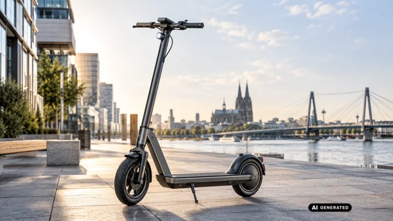 Schlanker Stadt-E-Scooter mit Hinterradnabenmotor steht am Wasser vor moderner Architektur. KI-generiertes Symbolbild · redaktionell geprüft.