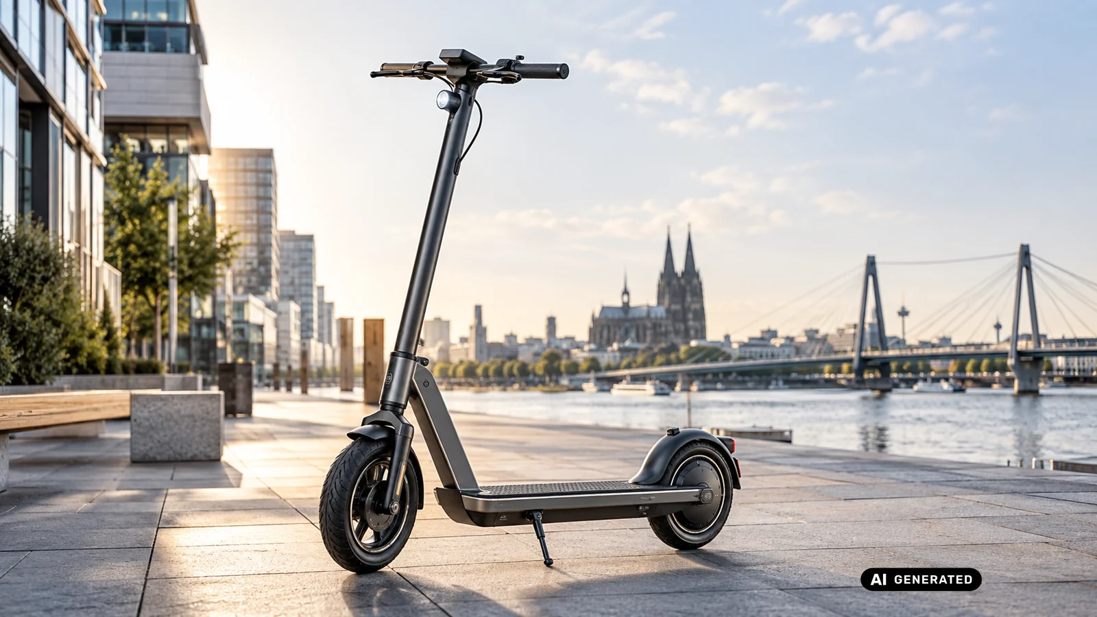 Schlanker Stadt-E-Scooter mit Hinterradnabenmotor steht am Wasser vor moderner Architektur. KI-generiertes Symbolbild · redaktionell geprüft.