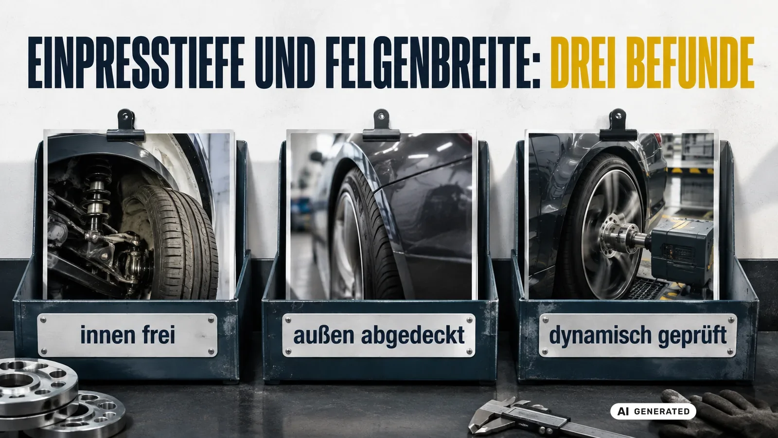 Drei Befundfelder zur Radposition: innen frei, außen abgedeckt und dynamisch geprüft am eingefederten Rad. — KI-generierte Szene, redaktionell geprüft