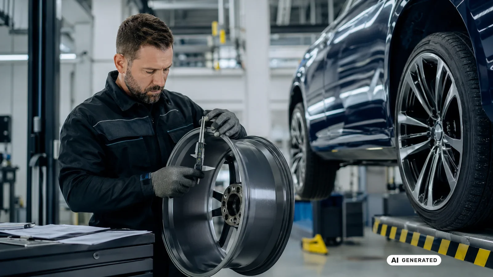 KI-generiertes Symbolbild, redaktionell geprüft: Ein Mechaniker hält eine Felge prüfend hoch, dahinter steht ein Fahrzeug angehoben auf der Hebebühne — KI-generierte Szene, redaktionell geprüft