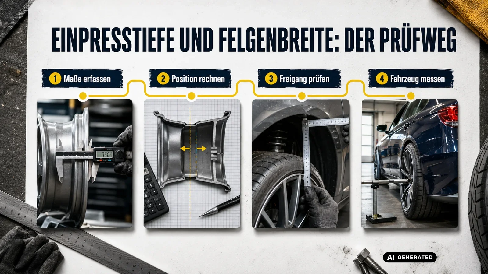 Vier Schritte zu Einpresstiefe und Felgenbreite: Maße erfassen, Position rechnen, Freigang prüfen, Fahrzeug messen. — KI-generierte Szene, redaktionell geprüft