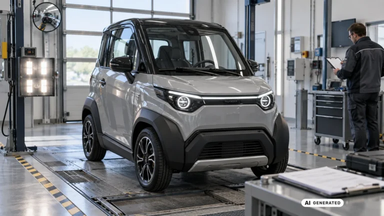 Microcar auf der Hebebühne in einer Kfz-Werkstatt während der Prüfung. KI-generiertes Symbolbild · redaktionell geprüft.