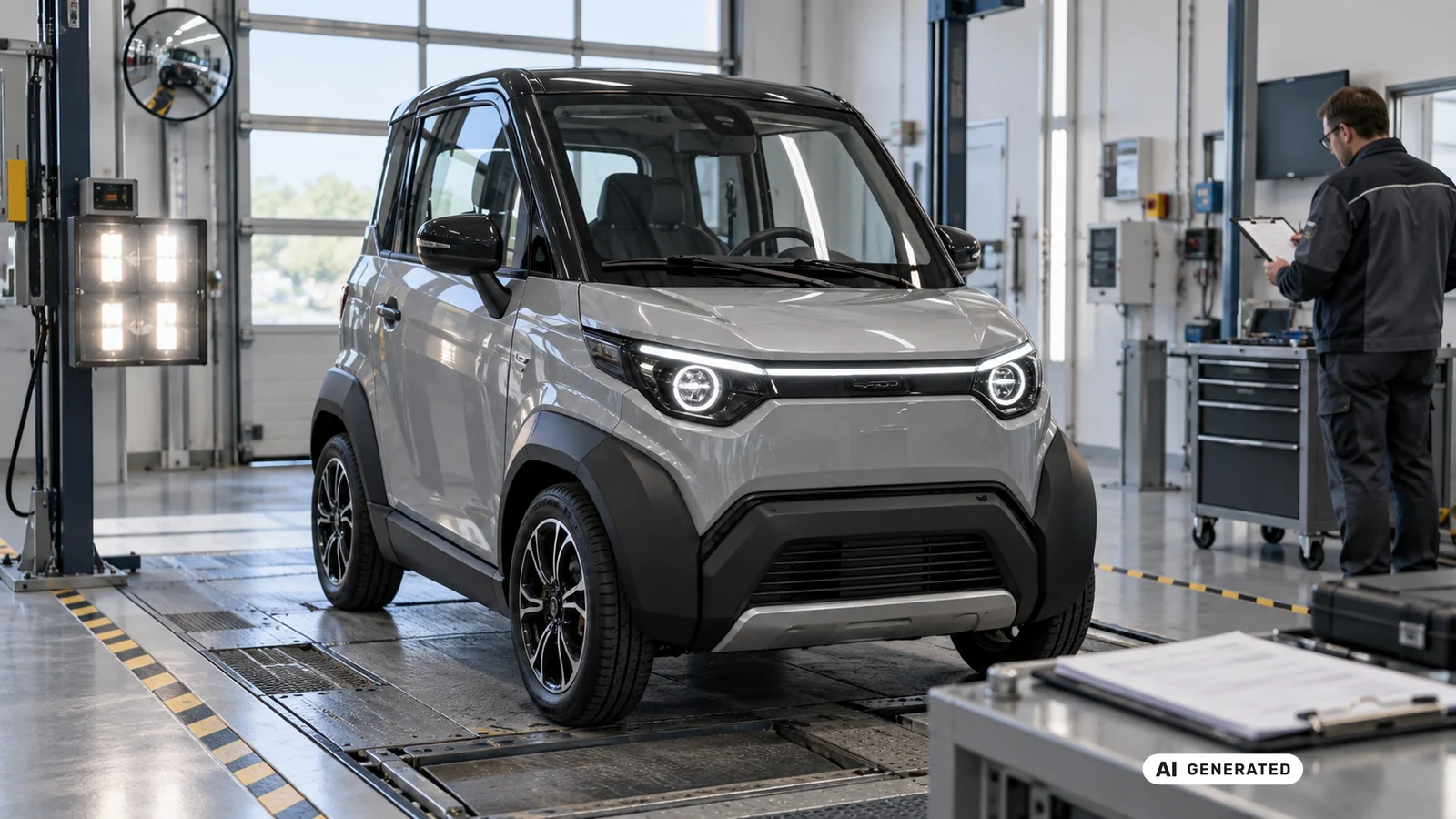 Microcar auf der Hebebühne in einer Kfz-Werkstatt während der Prüfung. KI-generiertes Symbolbild · redaktionell geprüft.